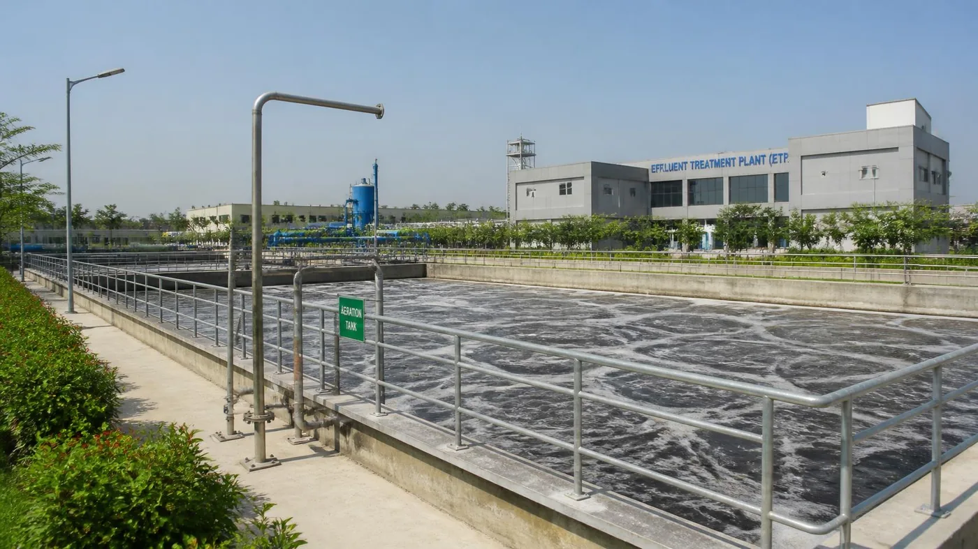 24/7 Biological effluent treatment plant (ETP) aeration tanks with clean landscaping
