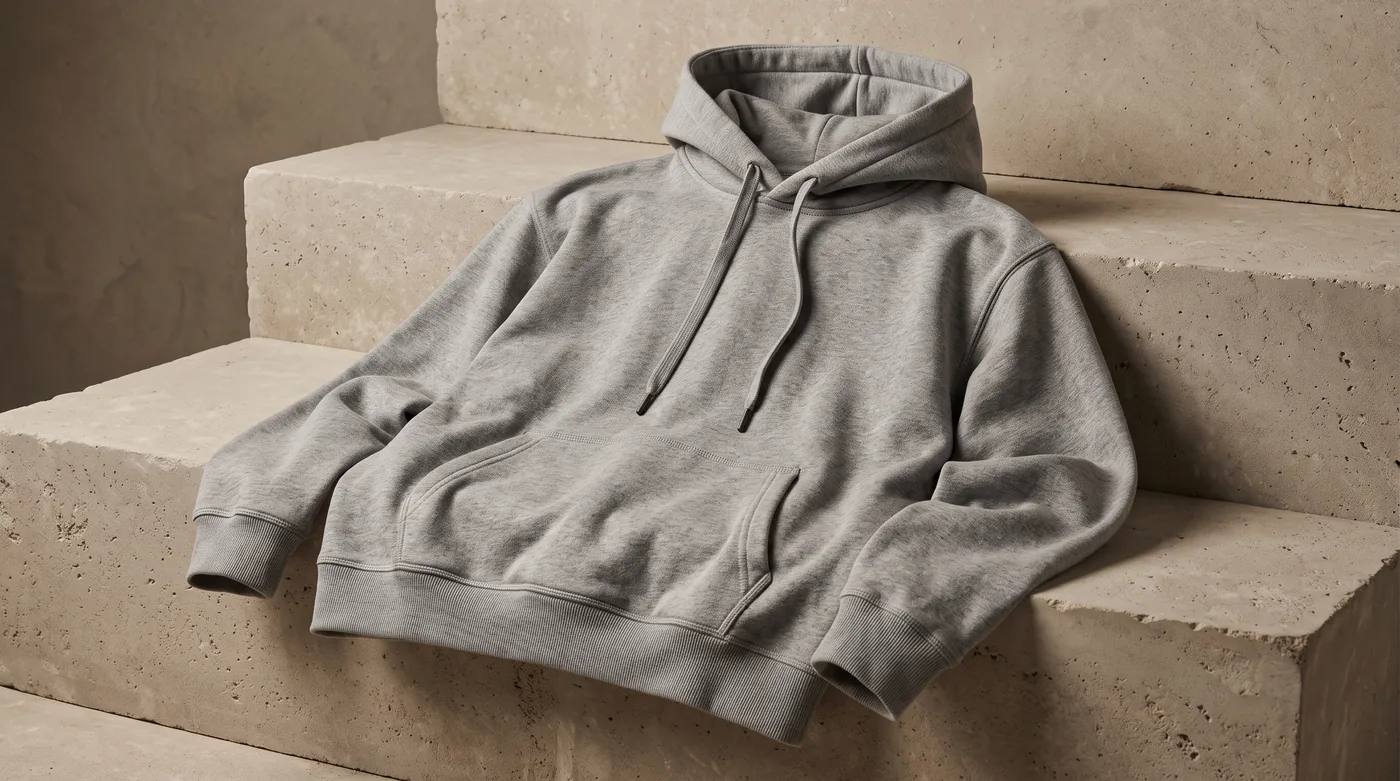 Folded heavyweight fleece hoodie showing dense loopback terry loft