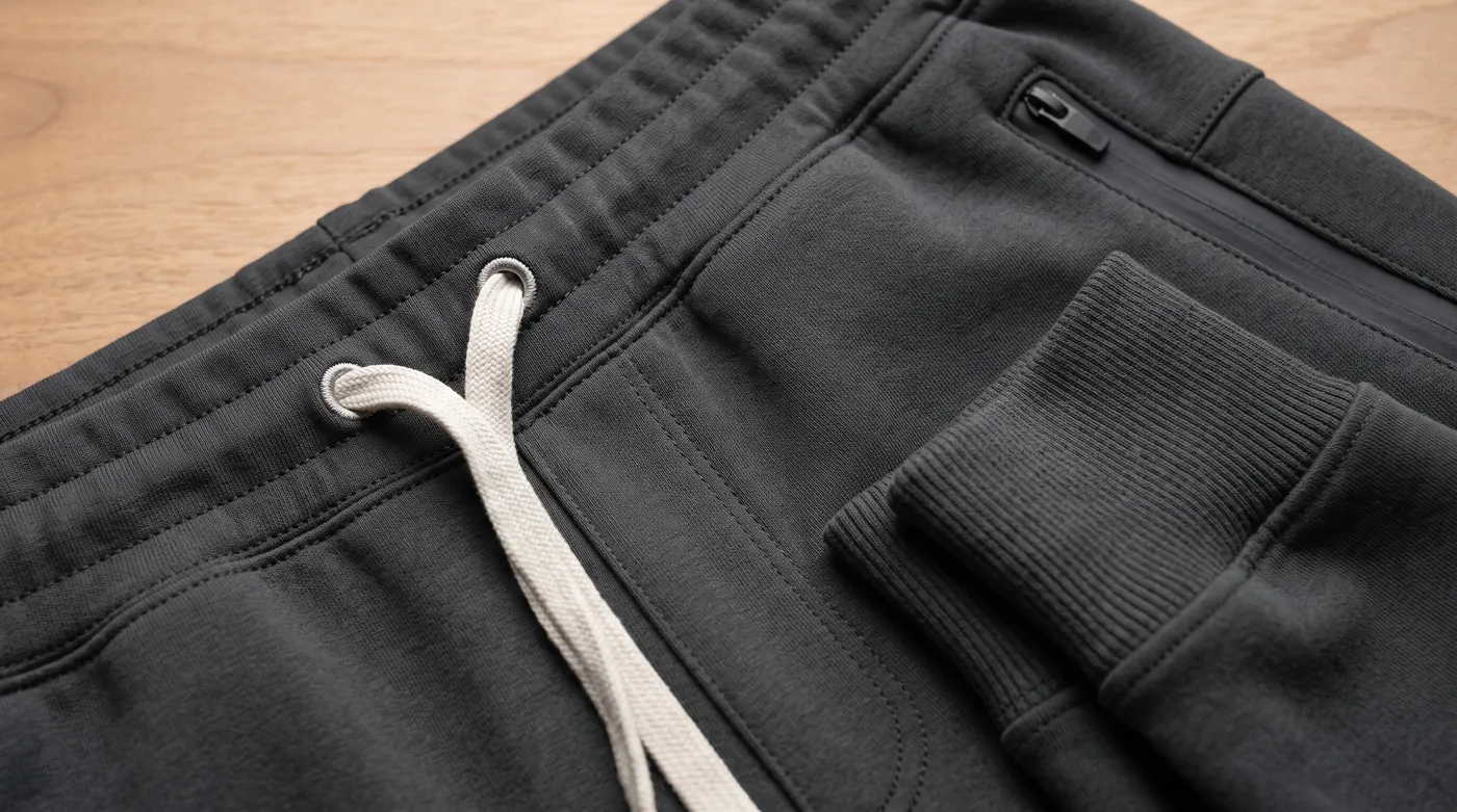 Folded activewear knit joggers and track bottoms showing smooth interlock face