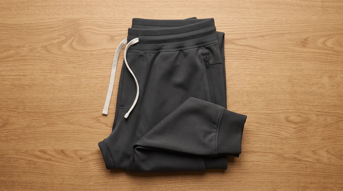 Tapered fleece joggers showing wide encased elastic waistband and flat drawcords