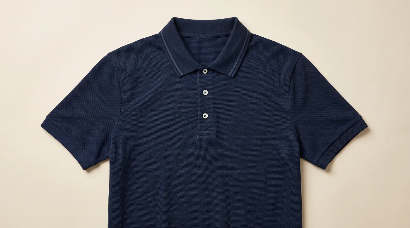 Premium combed cotton pique polo shirt flat-lay with tipped collar and fused placket