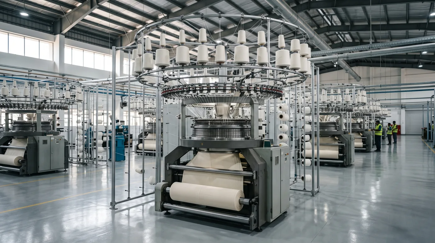 High-gauge circular knitting machine with positive yarn creel in active production