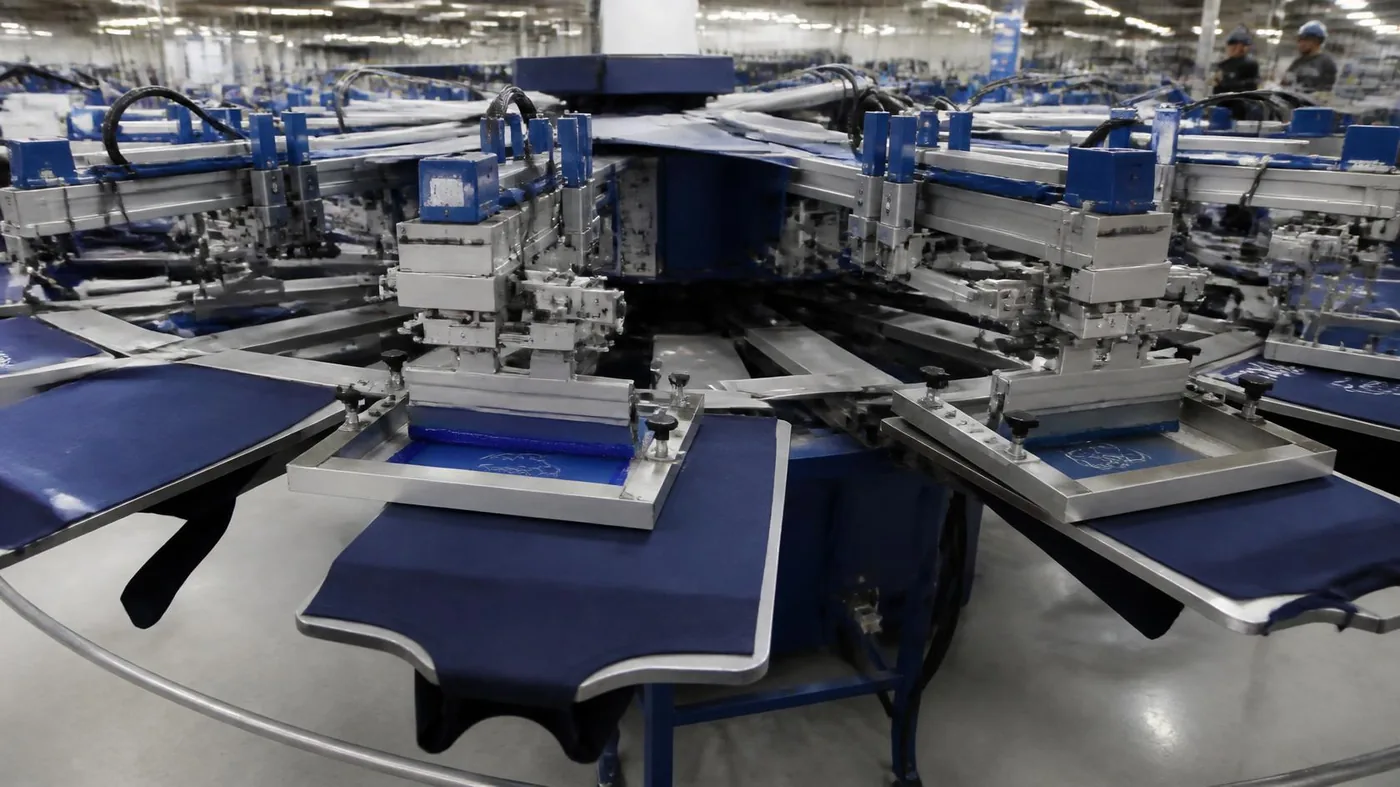 Automated oval screen printing carousel applying water-based inks on cut panels