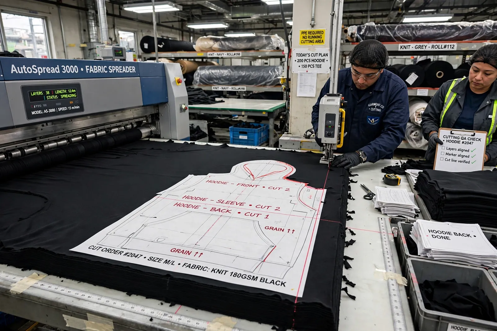 Operators spreading and cutting fabric on an automated spreading machine