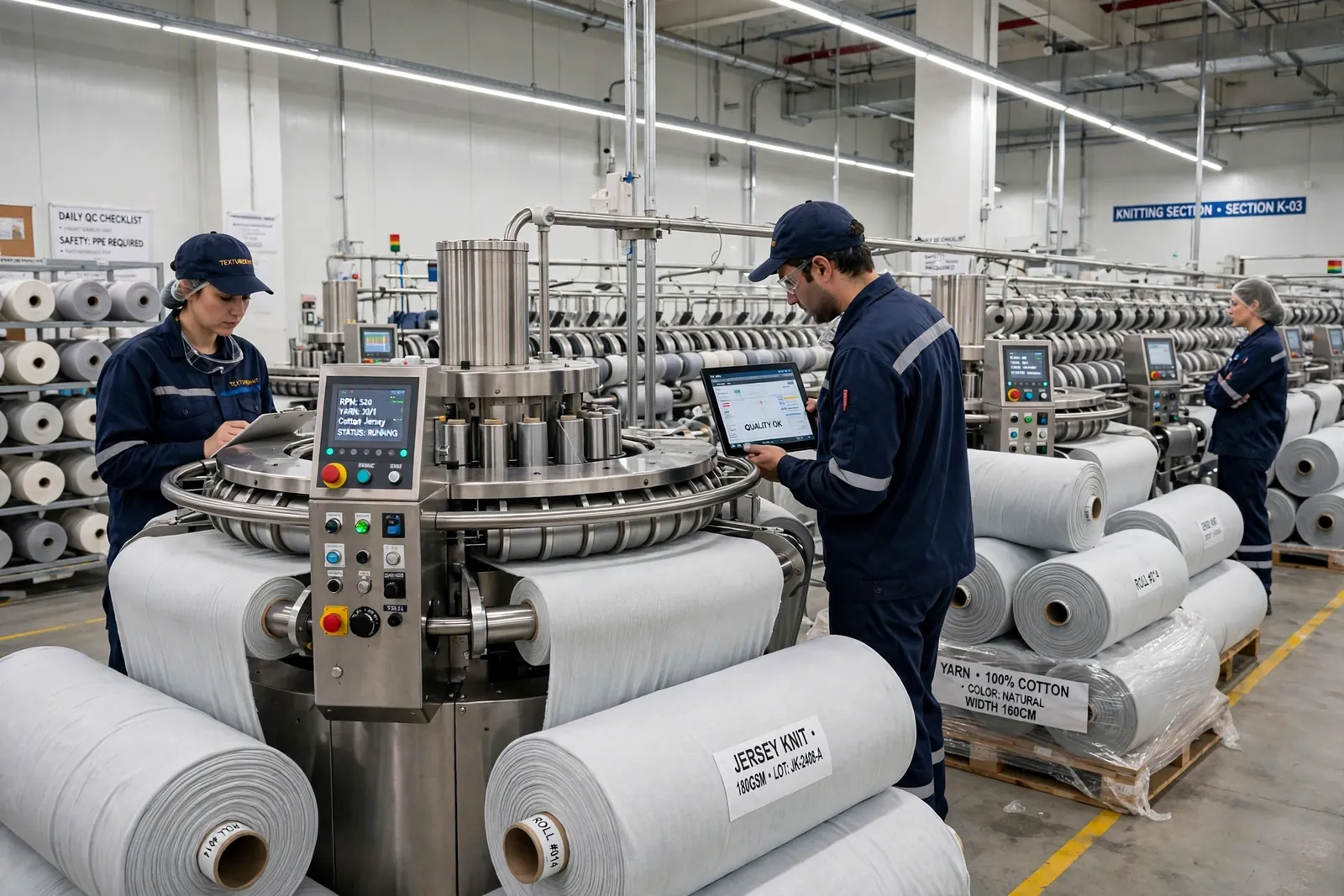 Circular knitting machines producing single jersey fabric rolls
