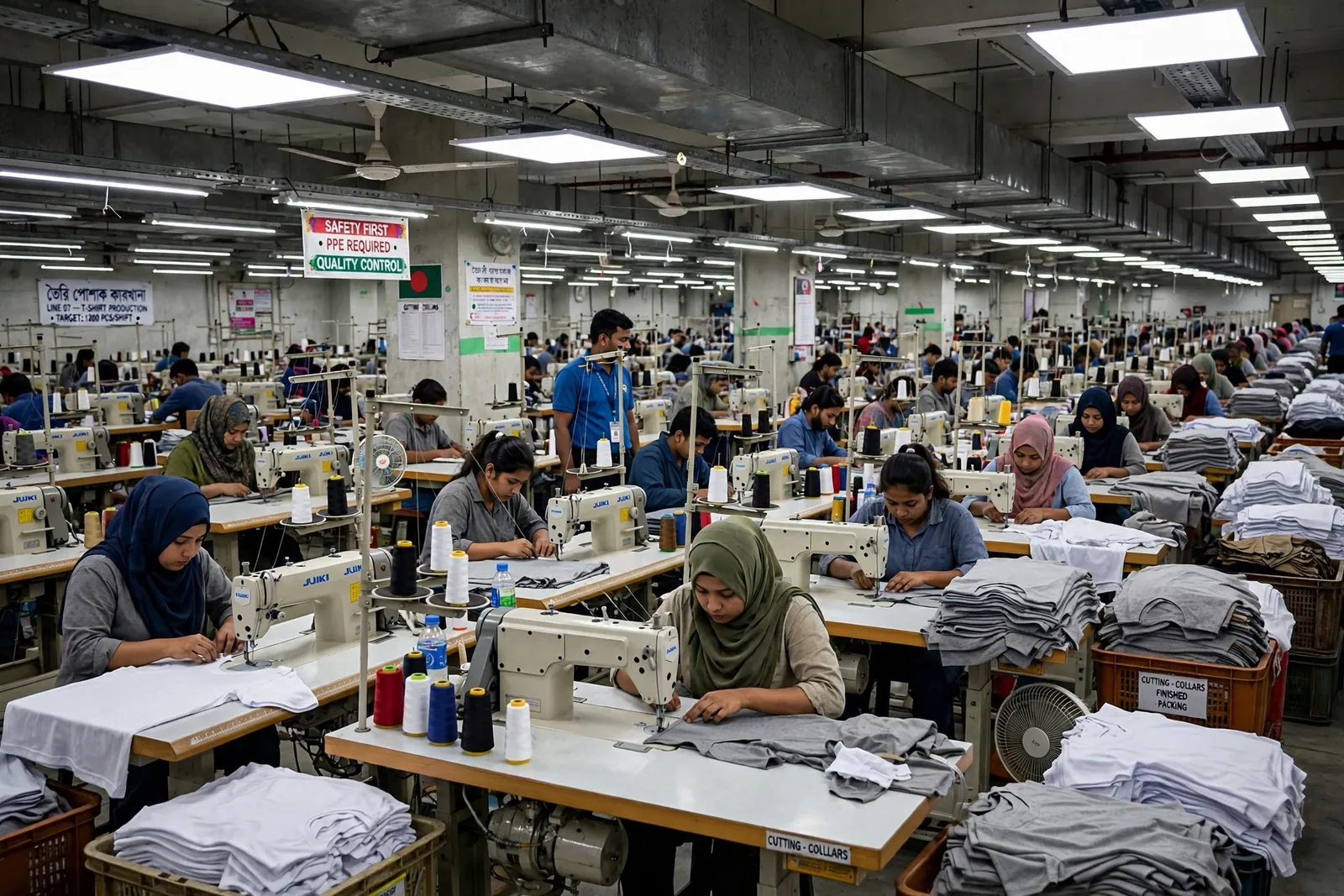 Sewing floor with operators working at knitwear assembly machines